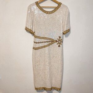 Vintage RARE Patra Iridescent Sequined White & Gold Beaded 100% Silk Dress Size